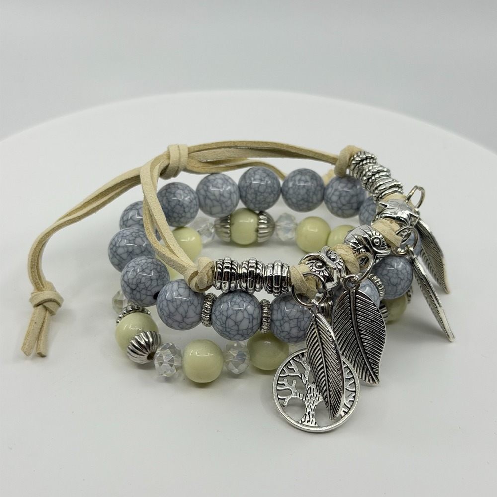 Boho Multi-Strand Bracelet Set Tree of Life Feather Charms Earthy Layered Stack